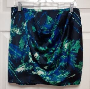 GO International Blue & Green Watercolor Pleated Draped Front Lined Mini Skirt